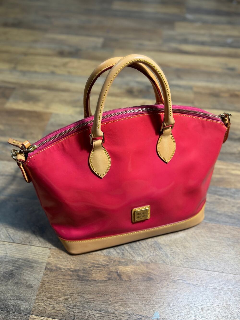 Dooney & Bourke Pink Patent Leather Satchel Tan Trim Shoulder Bag 1975